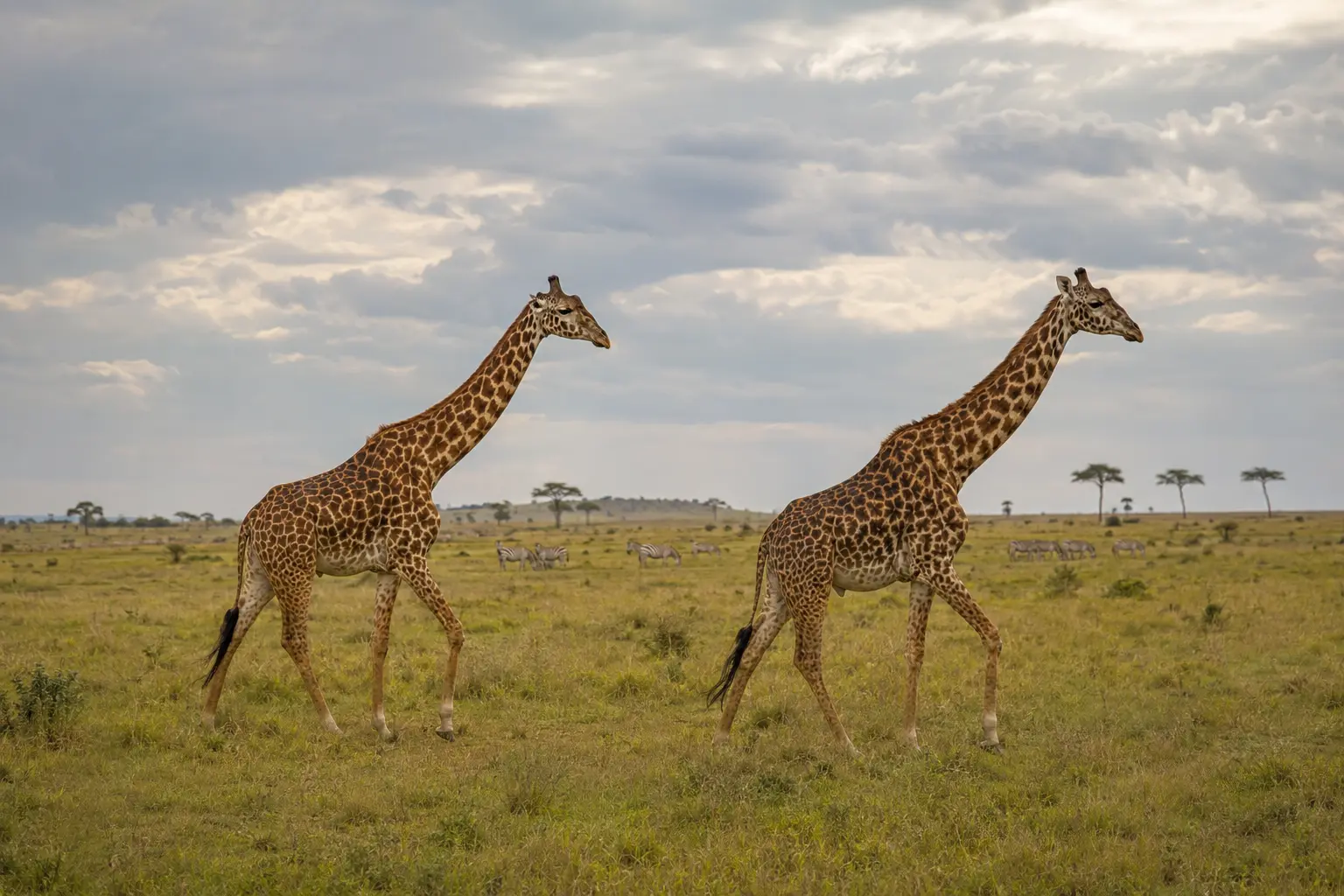 Giraffes walking across open Maasai Mara grasslands