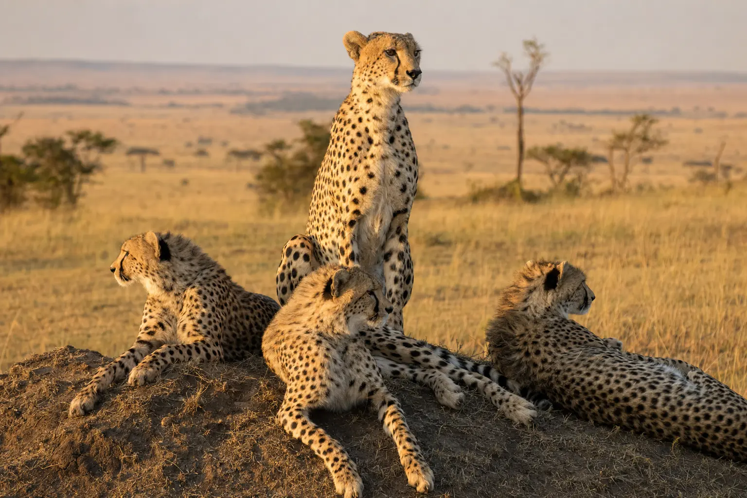 Female cheetah with three young cheetahs in the Mara