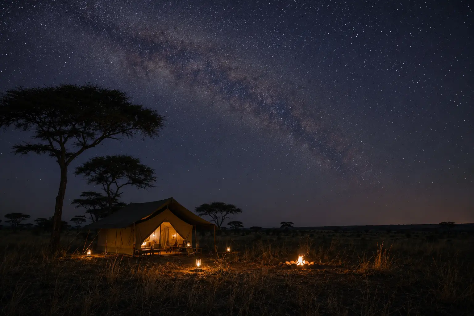 Tented safari camp beneath the stars in the Maasai Mara