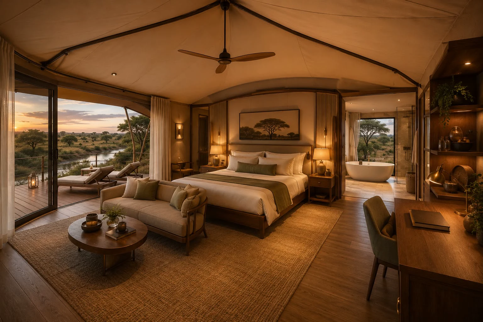 Warm interior of Nashipai Mara tented safari accommodation