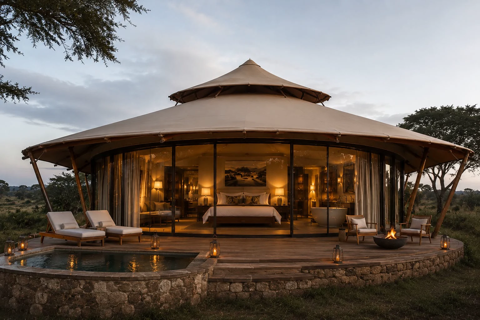 Nashipai Mara tented villa with plunge pool and lantern-lit deck at dusk