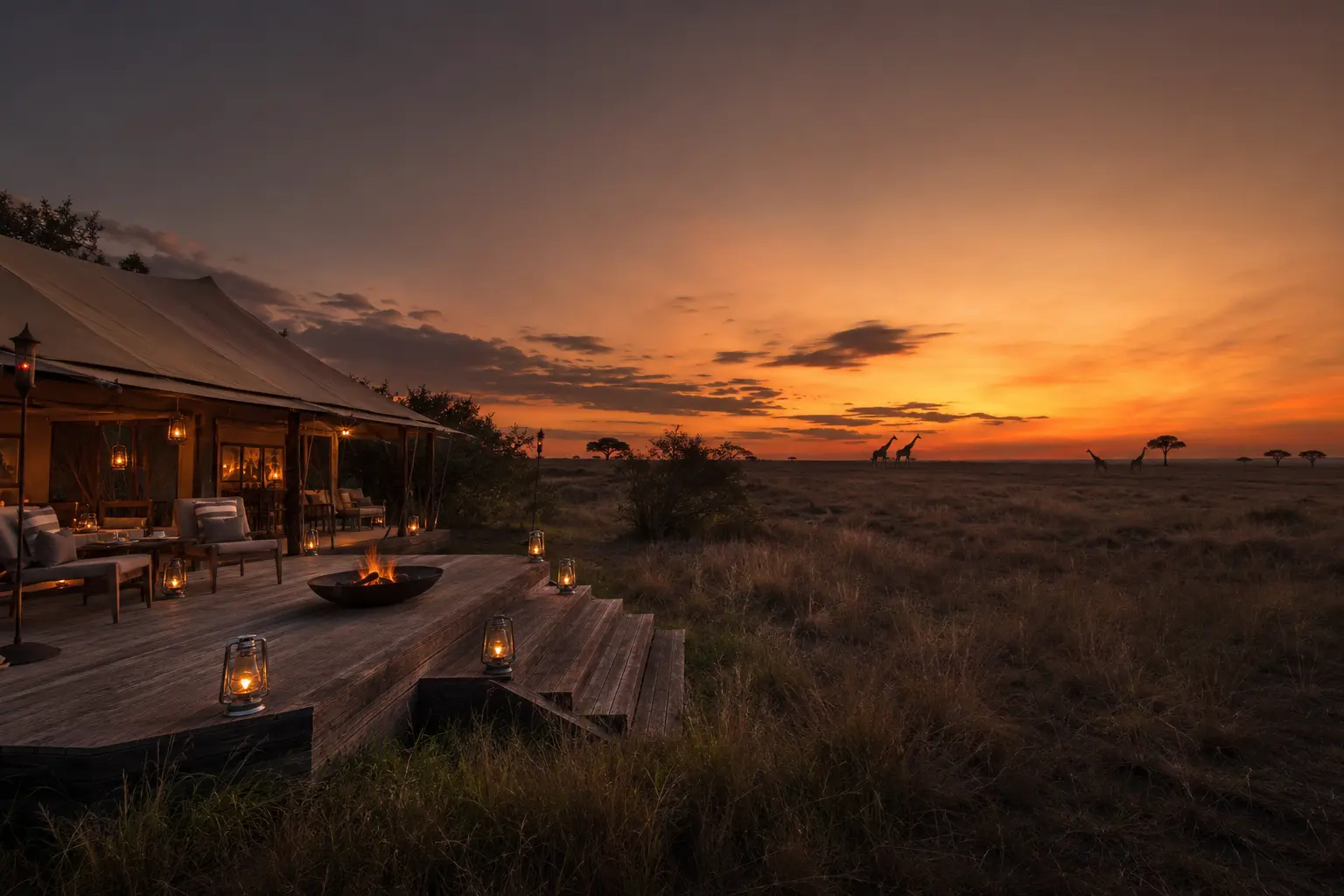 Luxury safari camp at sunset in the Maasai Mara